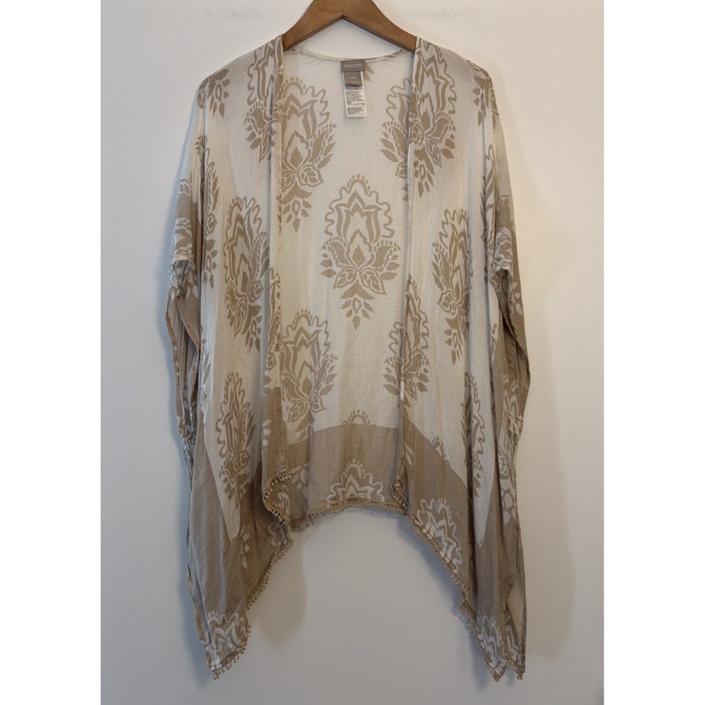 Chico's Cover Up Shawl Wrap Open Front Kimono Size S/M Ivory Beige Pom-Pom Hem